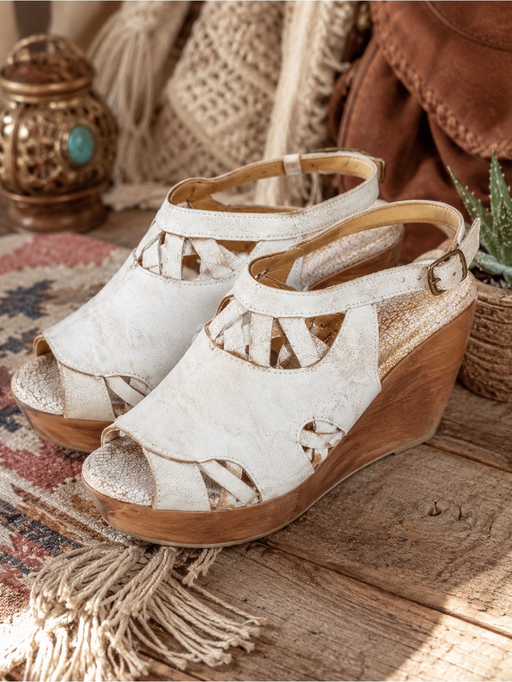 Women’s White Wedge Sandals with Adjustable Ankle Strap